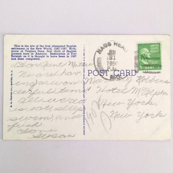 Vintage Linen Postcard 1950 Entrance to Old Fort Raleigh Roanoke Island NC - Picture 2 of 2